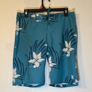 Hurley Teal and Cream Floral Swim Trunks